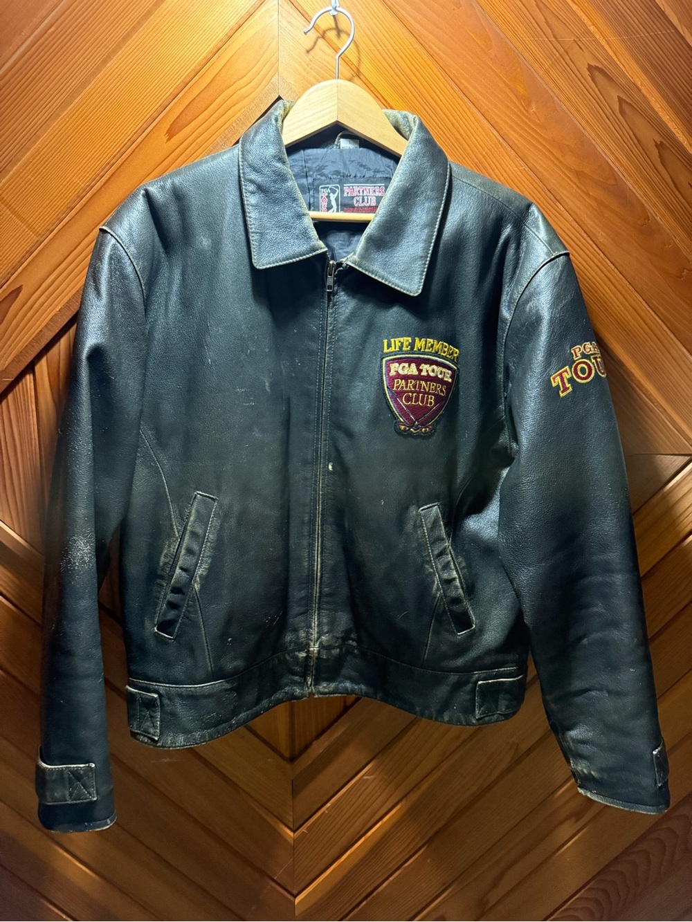 PGA Tour Black Leather Bomber Jacket with Embroidered Patches